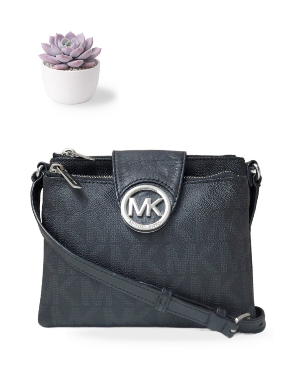 Michael Kors Black Handbags Fulton Crossbody Bag Signature Silver MK Logo Purse
